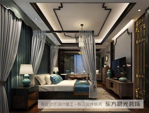 新中式风格卧室的床和衣帽间怎么装饰